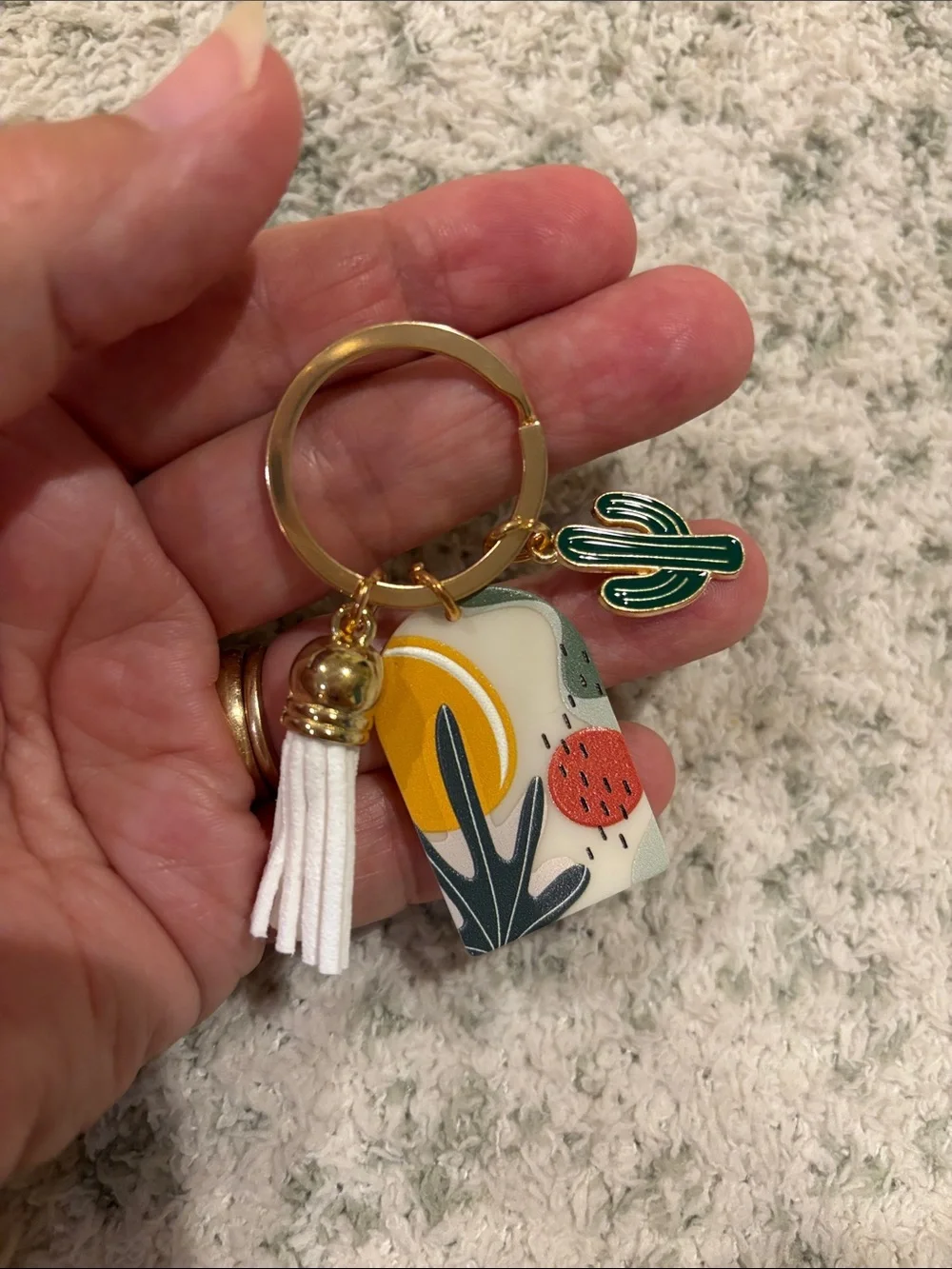 Bohemian Southwest Desert White Tassel Cactus Keychain Bag Charm NWT 2.5”